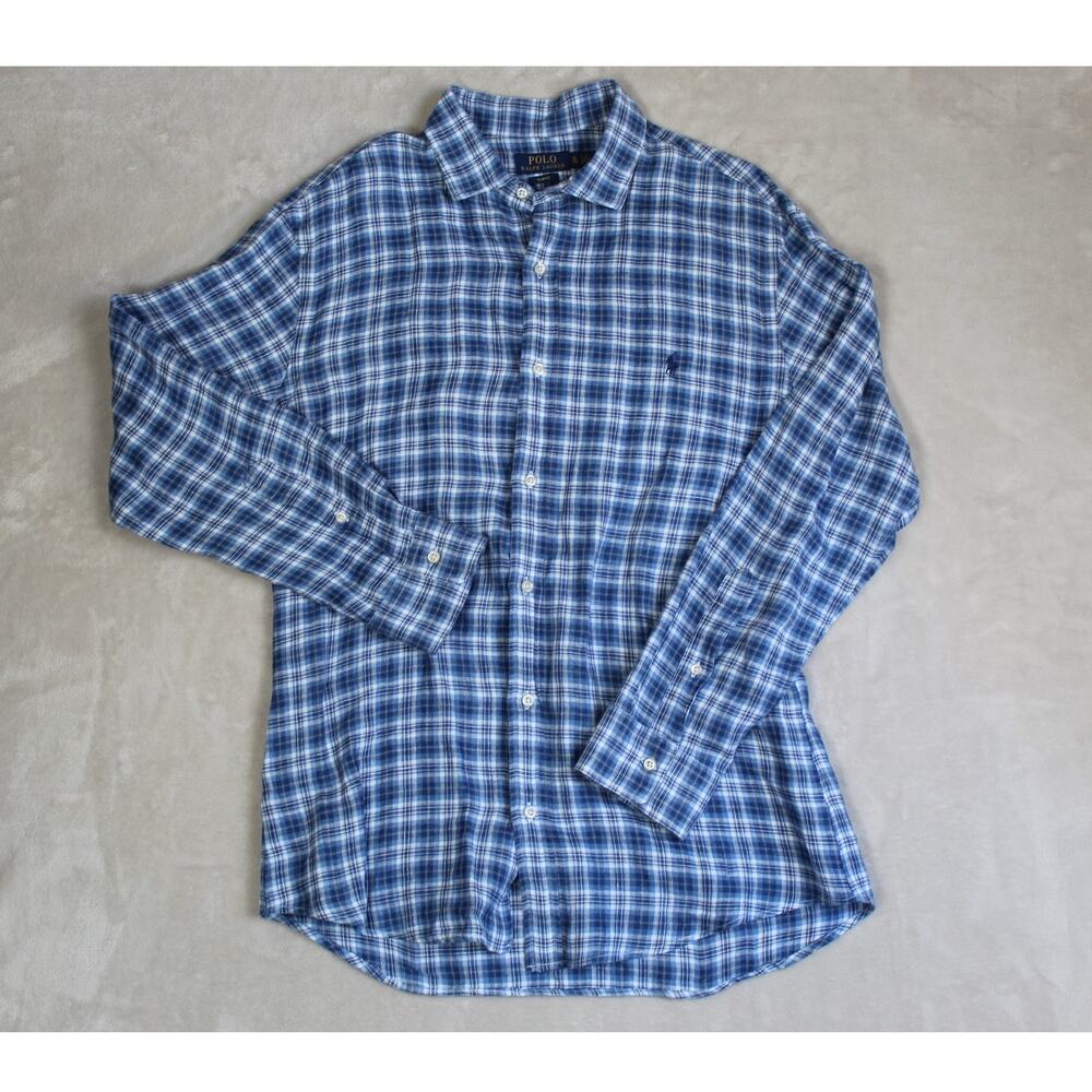 Polo Ralph Lauren Linen Shirt Mens XL Slim Fit Blue Plaid Button Front Preppy